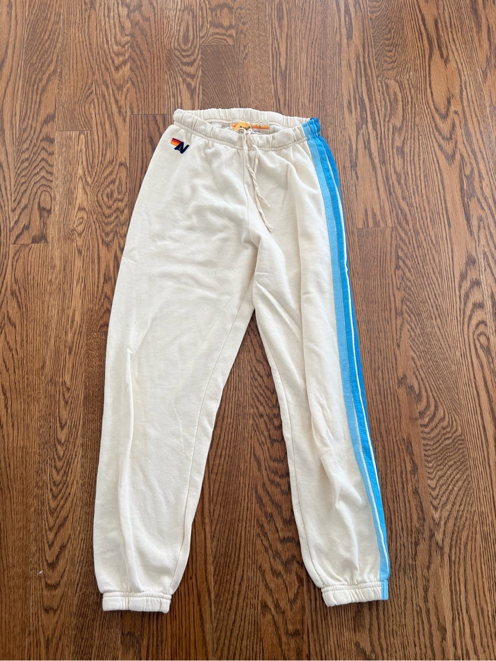 Aviator Nation Cream Track Pants with Blue Side Stripe